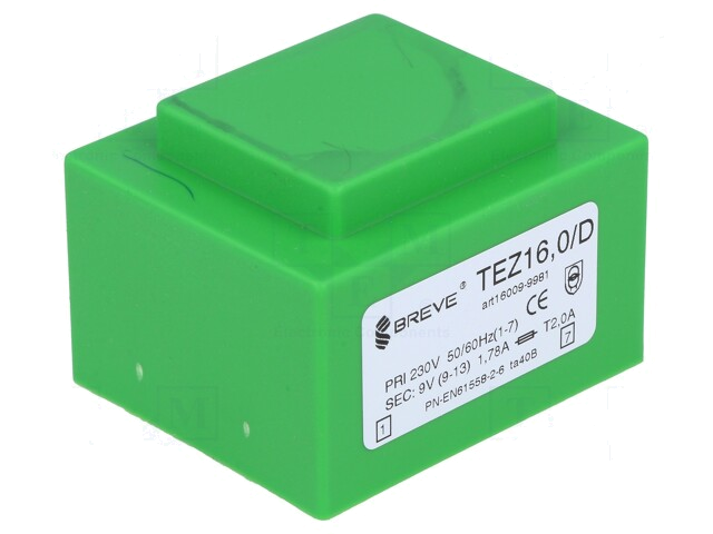 Transformator: ingegoten; 16VA; 230VAC; 9V; 1777,7mA; PCB; IP00 Transformator: ingegoten; 16VA; 230VAC; 9V; 1777,7mA; PCB; IP00